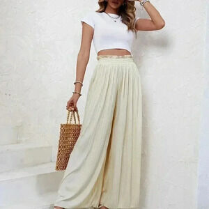 Apricot Boho Womens Paperbag Waist Pleated Wide Leg Pants
